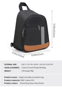 Thermal insulation lunch bag detail view, showing size dimensions and material specifications.