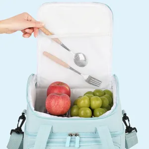 Double layer insulated lunch bag with cross-body strap, large capacity cooler bag for food.