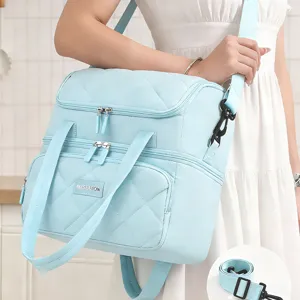 Light blue double-layer insulated lunch bag, stylish quilted crossbody cooler bag for daily use.