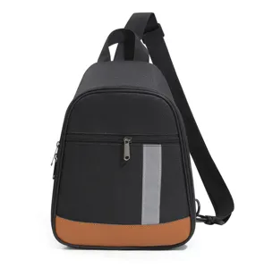 Casual black sling backpack with brown leather trim, front zip pocket and reflective strip.