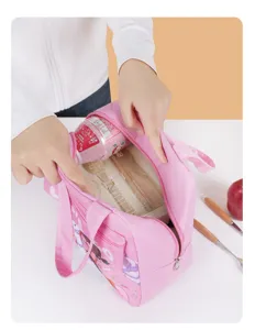 Pink thermal lunch bag detail showing spacious interior, portable bento box holder, zipper.