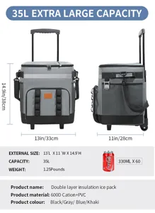 Vue detaillee du sac glaciere a roulettes de 35L avec dimensions et specifications.