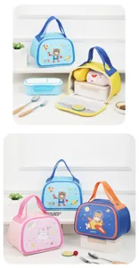 Detailed view of insulated lunch bags with cute cartoon prints, portable student thermal tote.