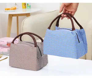 Detail shot of striped lunch bag with durable handles, waterproof fabric and smooth zipper.