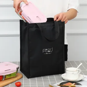 Detailed view of black insulated lunch bag showing ample capacity and neat stitching design.
