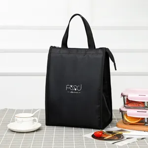 Black Oxford cloth insulated lunch bag with zipper, portable thermal cooler tote for daily meal.