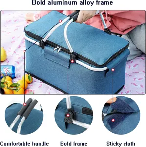 Detailed view of collapsible picnic basket showing aluminum alloy frame and sticky cloth.