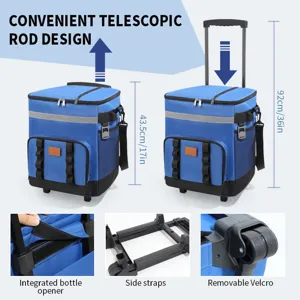 Sac isotherme à roulettes bleu avec poignée télescopique pour pique-nique en plein air.