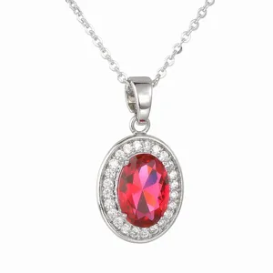 Elegant silver-tone oval red zircon halo pendant necklace with sparkling white pavé stones.