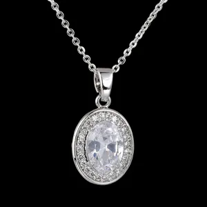 Detailed closeup view of exquisite silver rhodium plated oval zircon halo pendant.