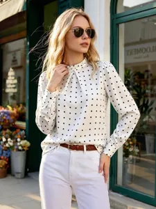Schicke Damen Polka Dot langarm Chiffon Bluse, lässiges Rundhals elegantes Oberteil.