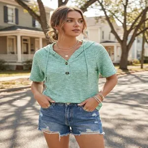Summer women casual waffle knit short sleeve hoodie top with V neck buttons and drawstring.