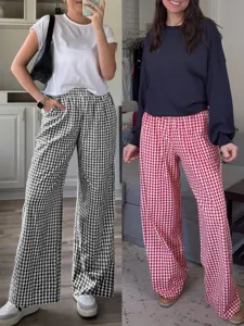 2025 Fashion Women Plaid Wide Leg Pants High Waist Casual Loose Pocket Long Trousers
