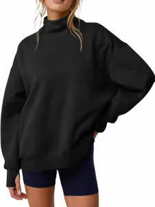 Felpa nera con collo alto ampio, stile Y2K casual, top da donna autunnale e invernale elegante.