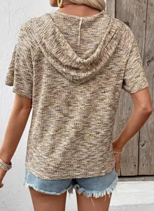 Detail view of women's waffle knit short sleeve hoodie back design in heather brown style.