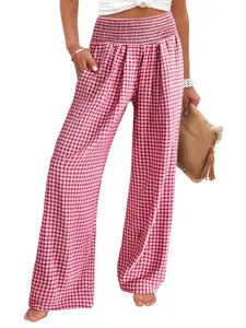 Red and white gingham wide leg pants high waist casual trousers with pockets for women