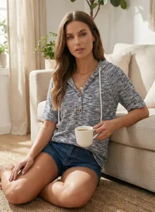 Waffle knit button V-neck drawstring hooded short sleeve top, summer casual women wear detail.