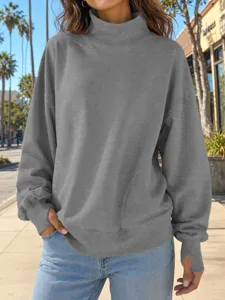 Comoda felpa monocolore ampia con collo alto da donna autunno inverno stile casual.