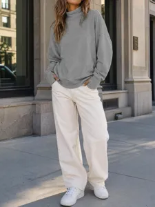 Donna collo alto felpa oversize casual tinta unita manica lunga pullover top