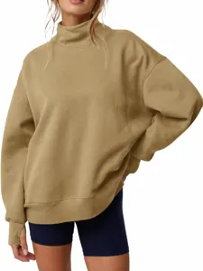 Felpa oversize con collo a lupetto da donna, maglione kaki a maniche lunghe tinta unita.