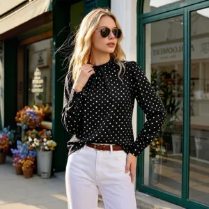 Damen elegante schwarz-weiße gepunktete langarm Chiffon Bluse modisches lässiges Top