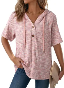 Casual women summer waffle knit V-neck short sleeve hooded top with buttons and drawstring.