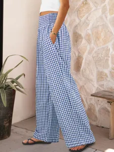 Women blue white gingham high waist wide leg pants casual elastic waist pocket trousers