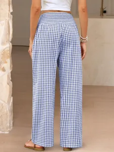 Blue and white gingham wide leg trousers, high waist elastic casual pants for women.