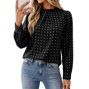 Schwarze Damen Polka Dot Langarm Chiffon Bluse Rundhalsausschnitt Elegantes Oberteil