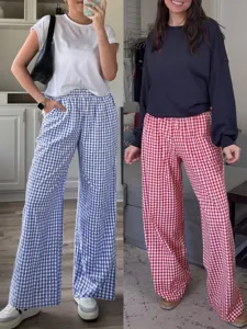 Women's Gingham Plaid Wide Leg Pants High Waist Casual Loose Trousers with Pockets