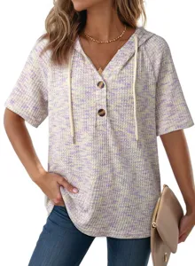 Women Short Sleeve Waffle Knit Hoodie V-Neck Drawstring Casual Summer Pullover Top