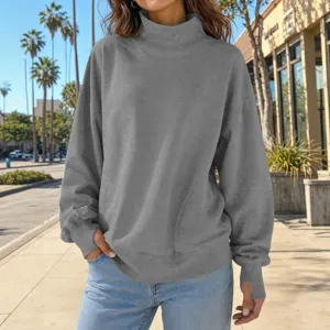 Felpa grigia donna collo alto casual pullover manica lunga streetwear autunno moda.