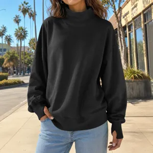 Felpa tinta unita con collo alto ampia da donna, elegante top autunnale e invernale.