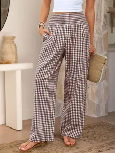 Casual high waist brown gingham wide leg pants featuring comfortable elastic waistband pockets.