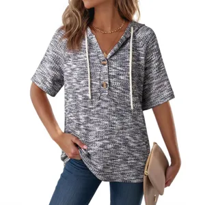 Waffle Knit Button V-Neck Drawstring Hooded Short Sleeve Casual Summer Top for Women