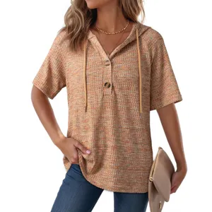 Waffle knit button V-neck drawstring hooded short sleeve top for women summer fashion.
