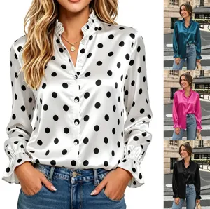 Γυναικείο Business Casual Σατέν Πουκάμισο Μακρυμάνικo με Βολάν για τη Δουλειά