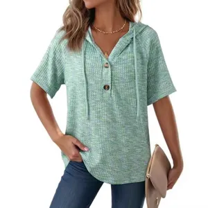 2026 Summer Women Waffle Knit Short Sleeve Hoodie V-Neck Button Drawstring Casual Top