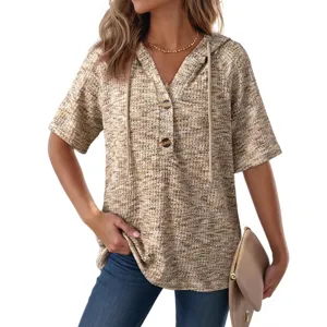 Women summer short sleeve hooded v-neck waffle knit top casual button drawstring shirt