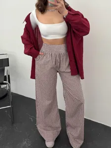 Women high waist checkered wide leg pants casual elastic pocket trousers stylish apparel fashion