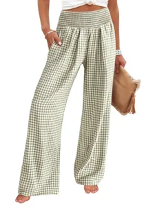 High-waisted green gingham wide-leg pants detail, featuring smocked elastic waist and pockets.