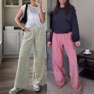 Women high waist plaid wide leg pants casual elastic waist long trousers 2025 fashion