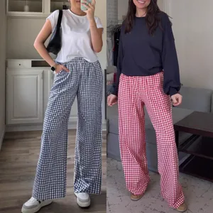2025 Womens Gingham Wide Leg Pants High Waist Casual Plaid Trousers with Pockets