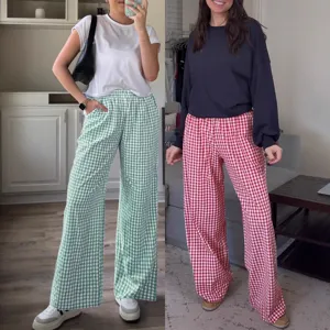 Women Casual Gingham Wide Leg Pants High Waist Elastic Loose Pocket Trousers New