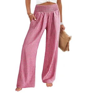 Women's red and white gingham wide leg pants high waist casual loose trousers with pockets