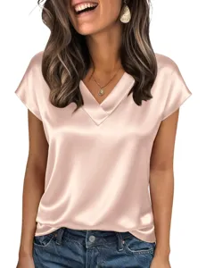Close-up detail view of the stylish solid color satin V-neck short sleeve top for women.