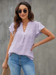 Summer V-neck ruffle short sleeve swiss dot chiffon blouse for women casual chic top