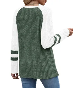 Women fashion long sleeve colorblock ribbed knit sweater top casual round neck blouse