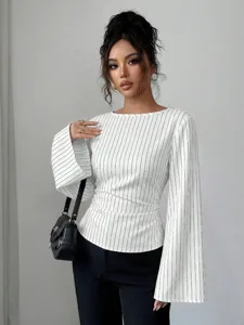 Detailed view of the women casual striped long sleeve blouse, showcasing the unique bell cuffs.