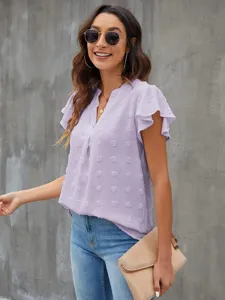 Summer V-neck ruffle sleeve pompom chiffon blouse for women, elegant casual purple top.